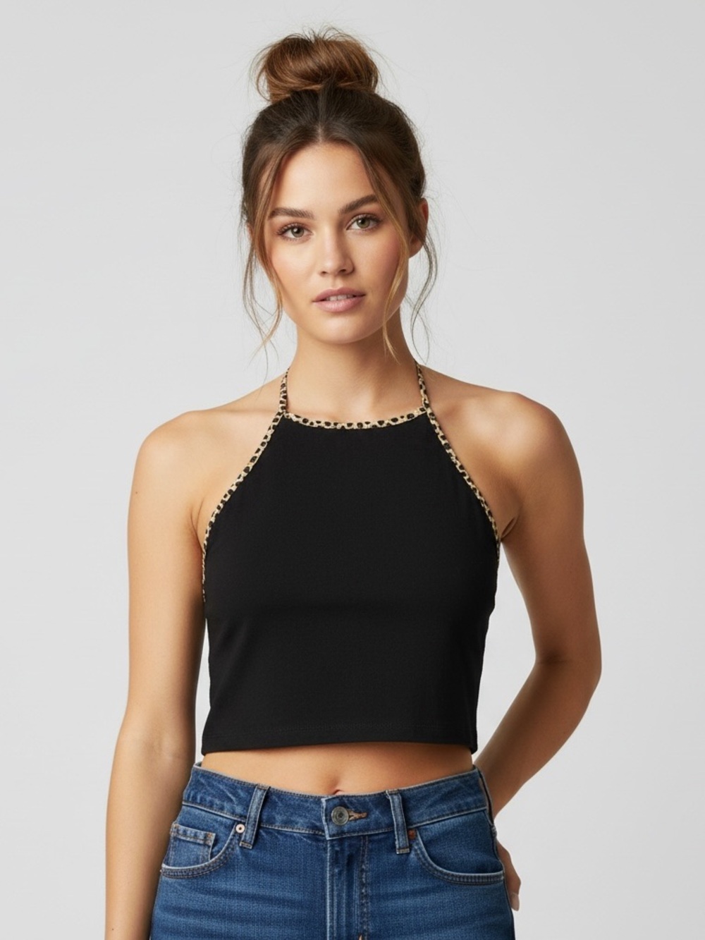 Brandy Melville | Black cotton crop halter top leopard print trim size small